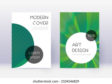 Trendy cover design template set. Green abstract lines on dark background. Gorgeous cover design. Modern catalog, poster, book template etc.