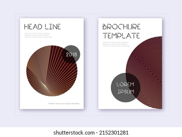 Trendy cover design template set. Gold abstract lines on maroon background. Flawless cover design. Powerful catalog, poster, book template etc.