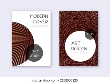 Trendy cover design template set. Gold abstract lines on maroon background. Gorgeous cover design. Eminent catalog, poster, book template etc.