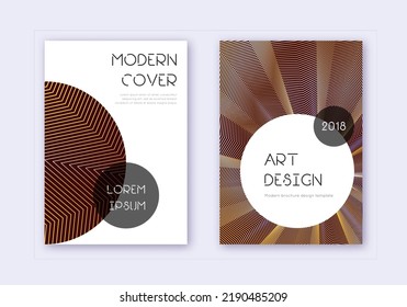 Trendy Cover Design Template Set. Gold Abstract Lines On Maroon Background. Gorgeous Cover Design. Bold Catalog, Poster, Book Template Etc.