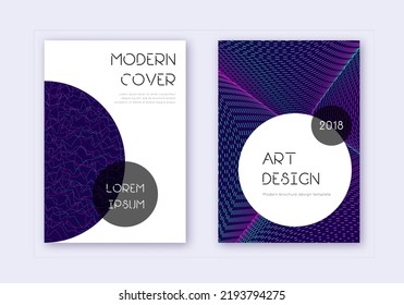 Trendy cover design template set. Neon abstract lines on dark blue background. Gorgeous cover design. Wondrous catalog, poster, book template etc.