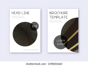 Trendy cover design template set. Gold abstract lines on black background. Flawless cover design. Incredible catalog, poster, book template etc.