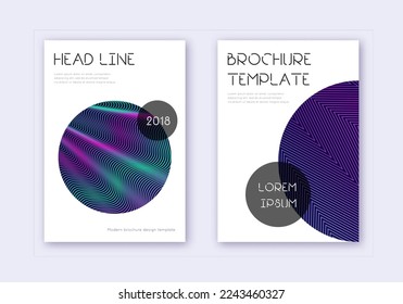 Trendy cover design template set. Neon abstract lines on dark blue background. Fresh cover design. Magnetic catalog, poster, book template etc.