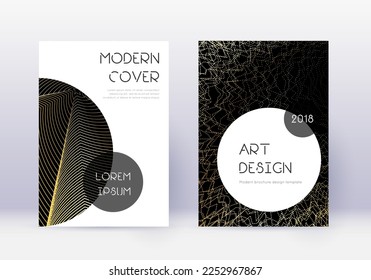 Trendy cover design template set. Gold abstract lines on black background. Good-looking cover design. Precious catalog, poster, book template etc.