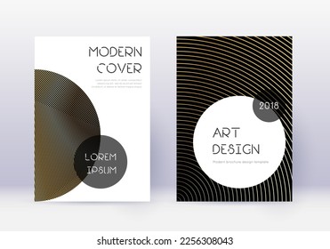 Trendy cover design template set. Gold abstract lines on black background. Gorgeous cover design. Alluring catalog, poster, book template etc.