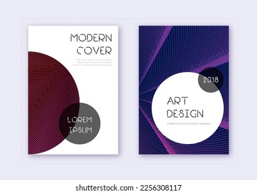 Trendy cover design template set. Violet abstract lines on dark background. Grand cover design. Worthy catalog, poster, book template etc.