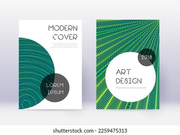 Design-Template-Set für modische Cover. Grüne abstrakte Linien auf dunklem Hintergrund. Wunderschönes Cover-Design. Vermietung Katalog, Poster, Buchvorlage etc.