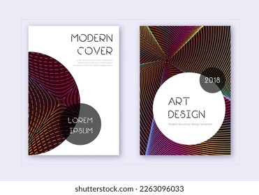 Design-Template-Set für modische Cover. Abstrakte Regenbogen-Linien auf weinrotem Hintergrund. Großartiges Cover-Design. Dazzling Katalog, Poster, Buchvorlage etc.