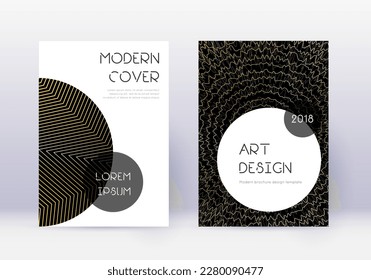 Conjunto de plantillas de diseño de portada de moda. Líneas abstractas de oro sobre fondo negro. Diseño de una cubierta magnífica. Catálogo bello, afiche, plantilla de libro, etc.