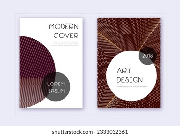 Trendy cover design template set. Gold abstract lines on maroon background. Gorgeous cover design. Divine catalog, poster, book template etc.
