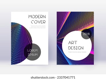 Trendy cover design template set. Rainbow abstract lines on dark blue background. Graceful cover design. Overwhelming catalog, poster, book template etc.