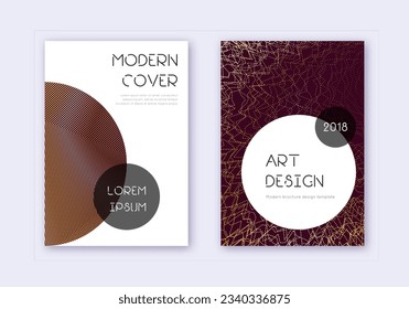 Trendy cover design template set. Gold abstract lines on maroon background. Gorgeous cover design. Charming catalog, poster, book template etc.