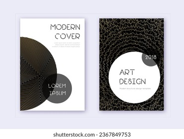 Trendy cover design template set. Gold abstract lines on black background. Good-looking cover design. Stylish catalog, poster, book template etc.