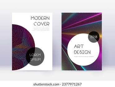 Conjunto de plantillas de diseño de portada de moda. Líneas abstractas del arcoiris sobre fondo rojo del vino. Diseño de gran cubierta. Catálogo energético, afiche, plantilla de libro, etc.