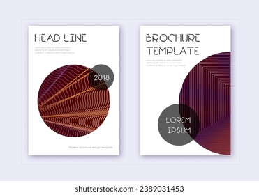 Trendy cover design template set. Orange abstract lines on wine red background. Glamorous cover design. Bizarre catalog, poster, book template etc.
