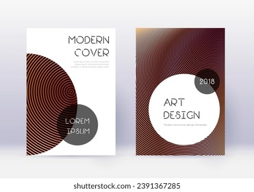 Trendy cover design template set. Gold abstract lines on maroon background. Gorgeous cover design. Delightful catalog, poster, book template etc.