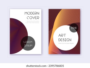 Conjunto de plantillas de diseño de portada de moda. Líneas abstractas naranjas sobre fondo de color rojo. Diseño elegante de la cubierta. Interesante catálogo, afiche, plantilla de libro, etc.
