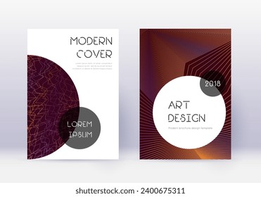 Trendy cover design template set. Orange abstract lines on wine red background. Graceful cover design. Elegant catalog, poster, book template etc.