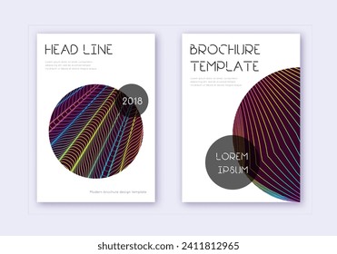 Trendy cover design template set. Rainbow abstract lines on wine red background. Glamorous cover design. Resplendent catalog, poster, book template etc.