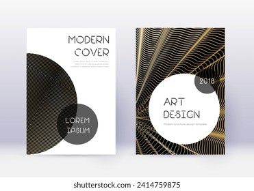 Trendy cover design template set. Gold abstract lines on black background. Good-looking cover design. Unusual catalog, poster, book template etc.