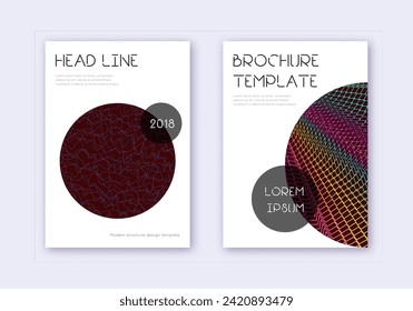 Conjunto de plantillas de diseño de portada de moda. Líneas abstractas del arcoiris sobre fondo rojo del vino. Diseño de portada glamuroso. Catálogo, afiche, plantilla de libro sobresaliente, etc.