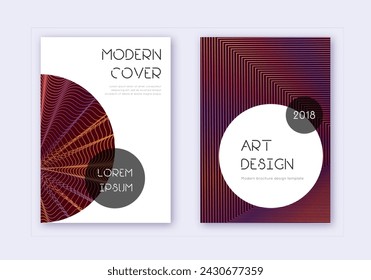 Trendy cover design template set. Orange abstract lines on wine red background. Graceful cover design. Majestic catalog, poster, book template etc.