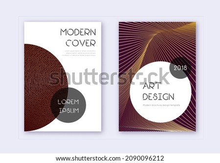 Trendy cover design template set. Gold abstract lines on maroon background. Gorgeous cover design. Enchanting catalog, poster, book template etc.