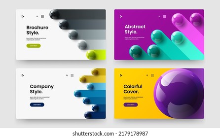 Trendy cover design vector template composition. Fresh 3D spheres website screen layout collection.