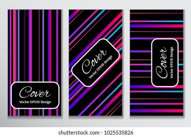 Trendy cover gradient stripe backdrop. Contrast cover for front page of leaflet. Layout with colorful gradient stripes on black background for advertisement purpose.
