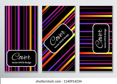 Trendy cover gradient stripe clipart. Contrast cover for front of booklet. Layout with colorful gradient stripes on black background for marketing purpose.