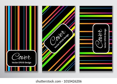 Trendy cover gradient stripe front page. Contrast cover for front of ad. Layout with colorful gradient stripes on black background for advertisement purpose.