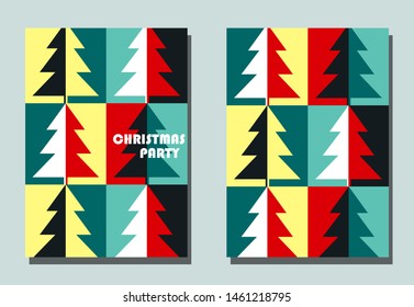 Trendy cover with graphic Christmas trees.Two vector flyers for holiday invitation.