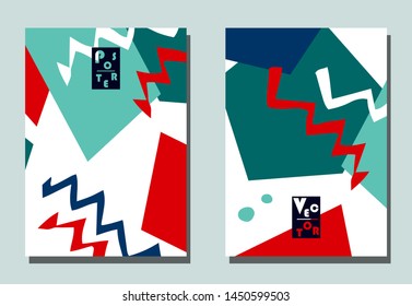 Trendy cover with graphic elements - abstract shapes. Two modern vector flyers in avant-garde  style. Geometric wallpaper for business brochure, cover design. 