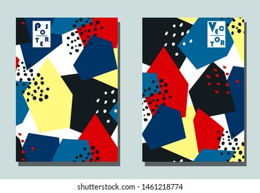 Trendy cover with graphic elements - abstract shapes. Two modern vector flyers in avant-garde  style. Geometric wallpaper for business brochure, cover design. 