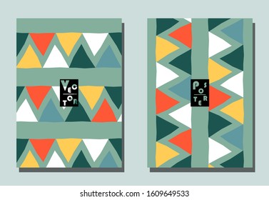 Trendy cover with graphic elements - abstract shapes. Two modern vector flyers in avant-garde  style. Geometric wallpaper for business brochure, cover design. 