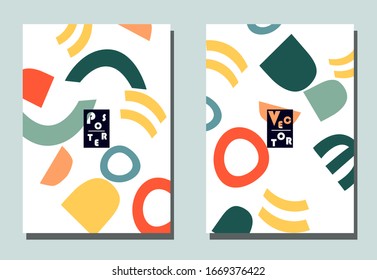 Trendy cover with graphic elements - abstract shapes. Two modern vector flyers in avant-garde  style. Geometric wallpaper for business brochure, cover design. 