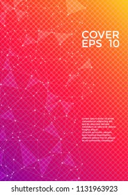 Trendy cover page layout. Global network connection geometric grid. Interlinked nodes, neuron or social media structure concept. Network nodes information technology concept.