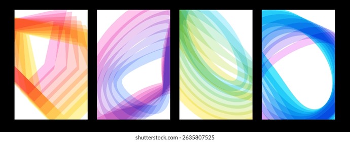 Trendy cover set with cool dynamic motion effect. Overlay geometric shapes layout design template