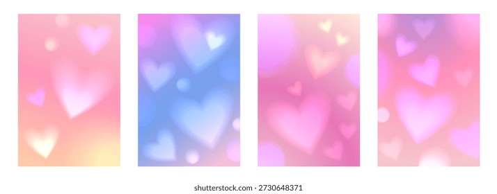 Conjunto de cubierta de moda con corazones borrosos suaves. Póster Plantilla para el día de San Valentín o boda