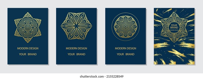 Juego de portadas de moda, plantillas verticales. Colección de fondo azul oscuro. Patrón dorado para logotipo, monograma, invitación, volante, menú, fondo. Étnos del Este, Asia, India, México, Aztecas, Perú.