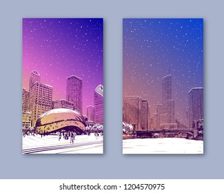 Trendy cover template. Winter city. Merry Christmas and New Year card design. Chicago city hand drawn. Street sketch, vector illustration