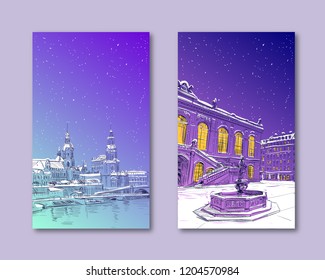 Trendy cover template. Winter city. Merry Christmas and New Year card design. Church of Frauenkirche. Bruhl's terrace. Academy of Fine Arts.Germany. Hand drawn sketch. Vector illustration.