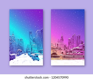 Trendy cover template. Winter city. Merry Christmas and New Year card design. Philadelphia. Pennsylvania. USA. Hand drawn. Unusual Street sketch, vector illustration.