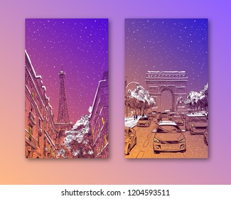 Trendy cover template. Winter city. Merry Christmas and New Year card design.Eiffel Tower, Triumphal Arch Paris, France. Hand drawn vector illustration