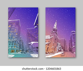 Trendy cover template. Winter city. Merry Christmas and New Year card design. Ottawa. Canada. Hand drawn. Unusual Street sketch, vector illustration