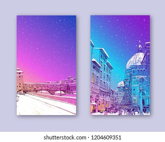 Trendy cover template. Winter city. Merry Christmas and New Year card design. Ponte Vecchio Florence. Santa Maria del Fiore Florence Italy. Hand drawn city sketch. Vector illustration.