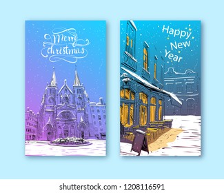 Trendy cover template. Winter city. Merry Christmas and New Year card design. France. Lyon. Church of Saint Nizier. Hand drawn sketch. Vector illustration.