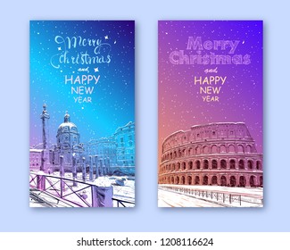 Trendy cover template. Winter city. Merry Christmas and New Year card design. Coliseum. Rome. Italy. Hand drawn landmark sketch. Vector illustration.