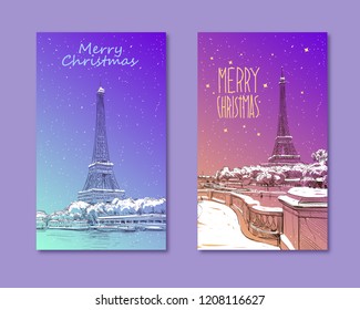 Trendy cover template. Winter city. Merry Christmas and New Year card design. View of the Eiffel Tower and Sena River. Paris, France. Urban sketch. Hand drawn vector illustration