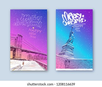 Trendy cover template. Winter city. Merry Christmas and New Year card design. Statue of Liberty. New York. USA. Hand drawn city sketch. Vector illustration.